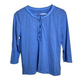 Talbots Blue Half Button Down Blouse Shirt W/ 3 Quarter Inch Sleeves